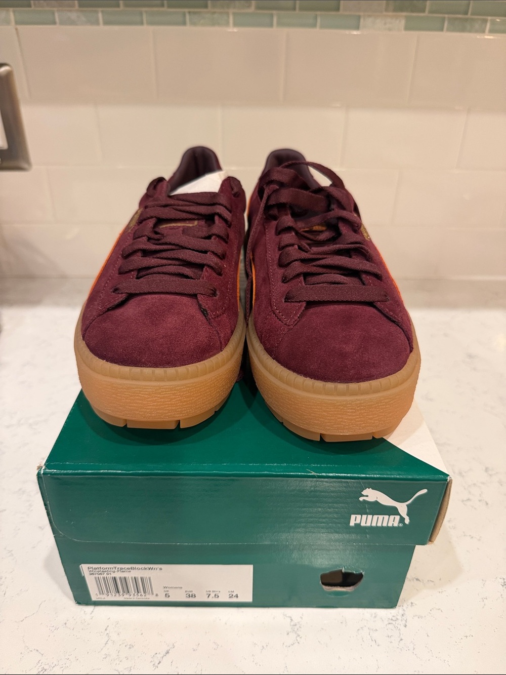 Puma Burgundy Suede Platform Sneakers with Gum Sole Orange Accent Size 7.5